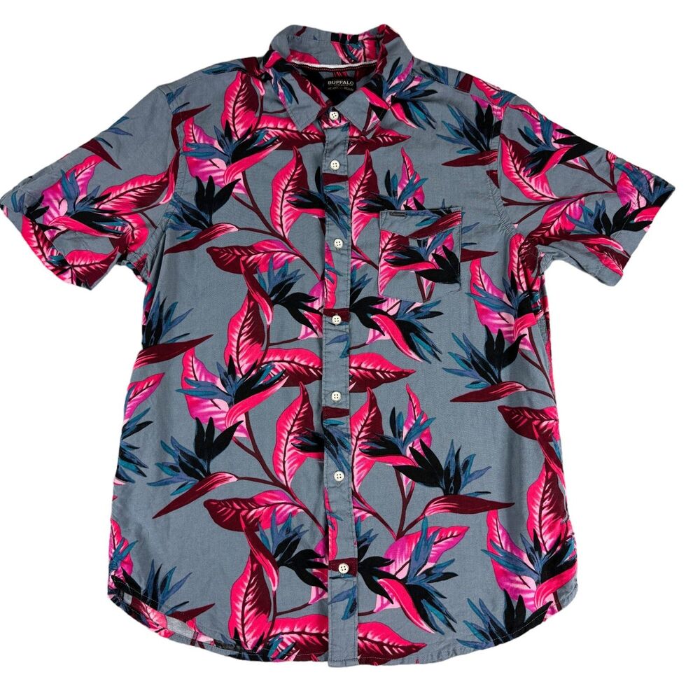 Buffalo David Bitton Shirt Men's M Gray Hawaiian Floral Short Sleeve Button Down